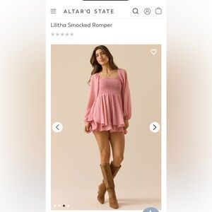 Altar'd State Pink Smocked Romper with Puff Sleeves